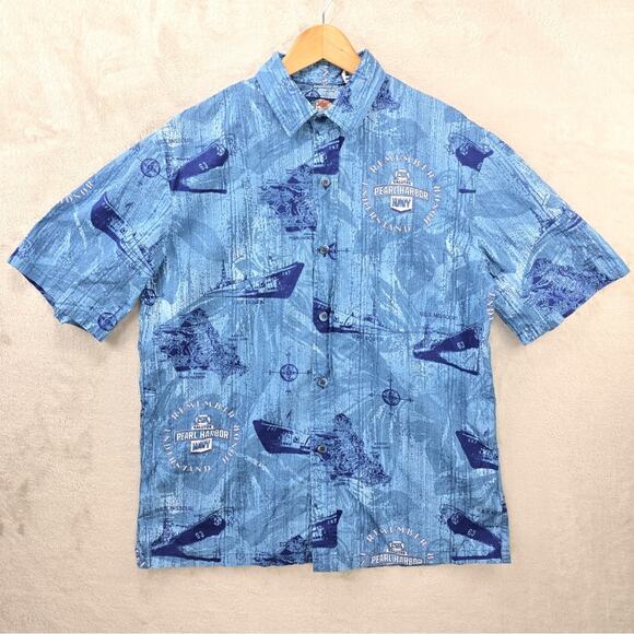 Jams World Shirt Mens Large Blue Pearl Harbor Navy Print Short Sleeve USA Hawaii - Picture 1 of 10